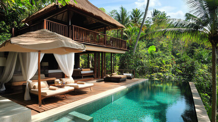 A luxurious wellness retreat in a tropical location offering yoga and spa services.