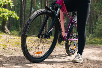 Bicycle parked on a forest trail, suggesting a perfect setting for mountain biking. The trail winds through dense trees, providing a scenic and adventurous backdrop.