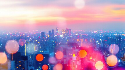 Fototapeta premium City Lights Dreamscape: A mesmerizing panorama of a city skyline bathed in the warm glow of a vibrant sunset, capturing the ethereal beauty of urban life and the promise of a new dawn.