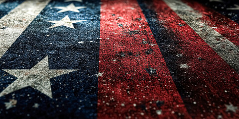 Close up of a flag with stars and stripes. The stars are in different sizes and are scattered across the flag. The flag appears to be old and worn, giving it a vintage and nostalgic feel