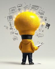 Inventor sketching new brighten ideas, stylized sketches floating around.