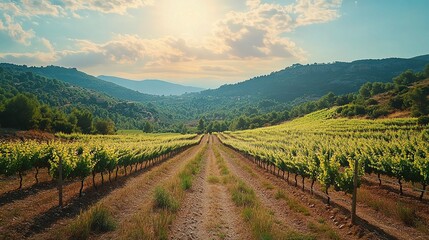 Fototapeta premium Sun-Drenched Vineyard Path: A picturesque view of a vineyard extending towards sunlit mountains under a vibrant sky. The dirt road invites exploration amidst rows of lush grapevines. 