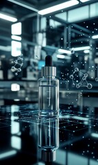 Glass dropper bottle with blue liquid and molecules.