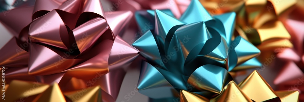 Poster Vibrant abstract shapes mimic the appearance of gift boxes and elaborate bows, creating a playful and festive atmosphere for celebrations. Generative AI