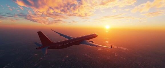 Airplane Flying Above the Clouds at Sunset