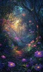 A magical forest path with glowing flowers.