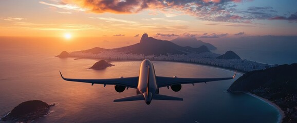 Airplane flying over Rio de Janeiro at sunset