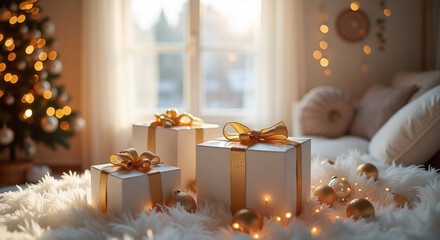 luxurious white and gold christmas presents elegantly arranged in a cozy living room, highlighted by a softly blurred window and gentle bokeh lights, creating a magical holiday atmosphere
