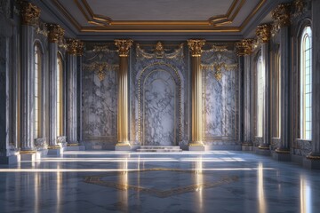 Obraz premium Elegant Marble Hall with Golden Baroque Accents and Tall Arched Windows