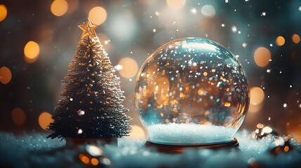 A Miniature Christmas Tree and Snow Globe with Golden Lights