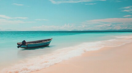 Tranquility Awaits: A lone, weathered boat rests gently on the crystal-clear turquoise waters of a secluded beach, bathed in the soft glow of a sun-kissed sky.