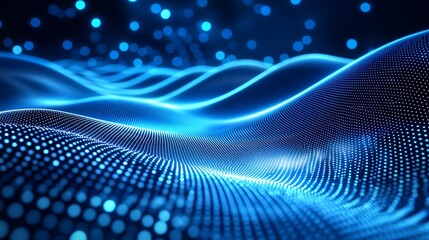Obraz premium A mesmerizing abstract image of blue waves created with digital dots, evoking a sense of depth and movement in a high-tech environment.