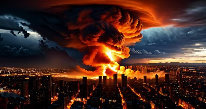 An Urban Skyline Is Erased by a Blazing Nuclear Inferno. War related concept.