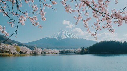 Cherry blossoms framing Mount Fuji, serene view of the lake and snow-capped peak, iconic springtime scene, copy space, high quality, + --ar 16:9 --v 6.1 Job ID: 81cbb98a-2994-4604-8126-faf2b2851ea2