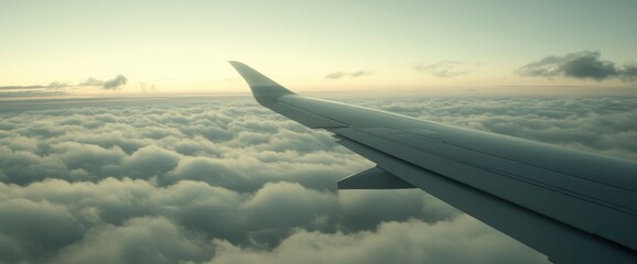 Fototapeta premium Airplane Wing Above the Clouds at Sunset