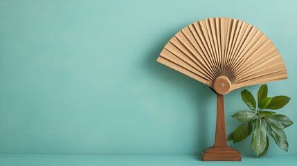 A decorative wooden fan with a minimalist design is displayed on a wooden stand against a light teal background, accompanied by green leaves, creating a simple yet elegant interior decor composition