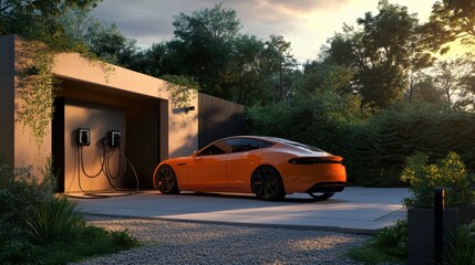 Electric Car Charging at Home With an EV Charger and Modern Architecture During Sunset. Generative AI
