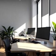 Fototapeta premium office workplace interior with row of desktops on tables