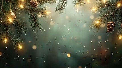 Fototapeta premium Festive Evergreen Branches with Soft Glowing Lights
