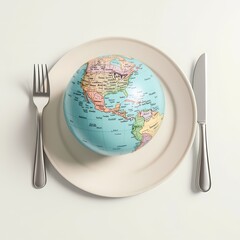 globe on plate with fork and knife on light background