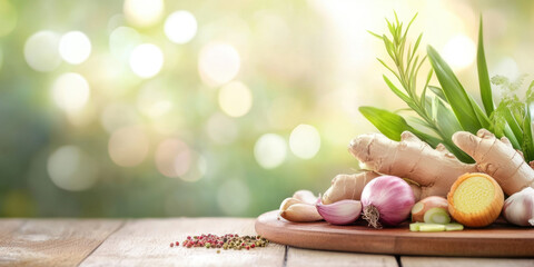 Fresh ginger, shallots, and green herbs arranged on wooden platter create vibrant display of spices and flavors, perfect for culinary inspiration