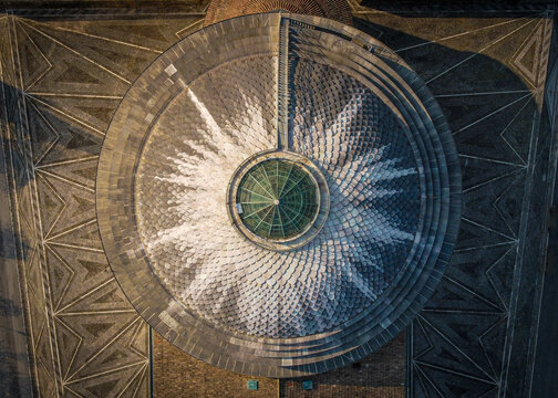 Top down view of a temple dome, neoclassical architecture and art. Aerial view of Canovian temple of Possagno, Italy.