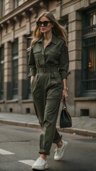 Fototapeta premium A stylish woman walks confidently in a chic green jumpsuit on an urban street during the day. Generative AI