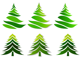 This image features a set of Christmas trees in various green shades, layered designs on a white background, concept of holiday decor. Vector illustration