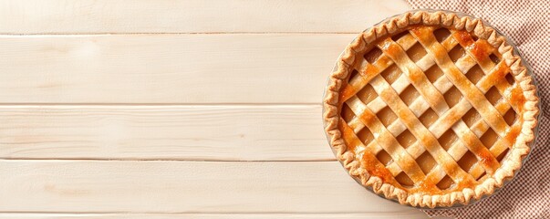 A golden-brown pie with a lattice crust sits on a rustic wooden surface, inviting and delicious, perfect for dessert lovers.