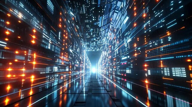 A vibrant tunnel filled with bright lights and intricate patterns leads to a glowing exit. The digital landscape creates a sense of depth and movement in the sky.