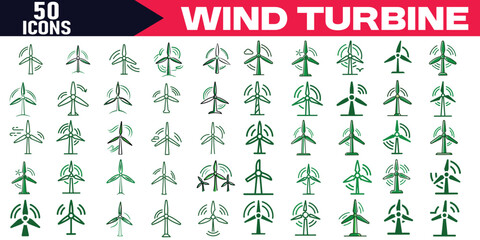 Wind Turbine Vector Icon Set Windmill Symbols Collection Isolated on White Background.