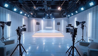 Three Professional Cameras Set Up in a White Studio