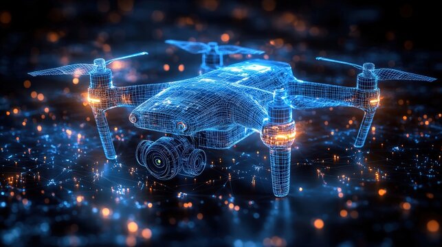 Drone with a camera depicted in a blueprint style, showcasing intricate details of its design and engineering
