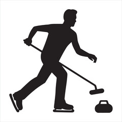 black flat color Curling sport male player with graffiti silhouette on white background
