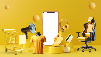E-commerce and sales template. Shopping mockup on yellow background