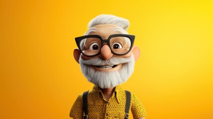 Fototapeta premium Customizable avatar of a unique personality virtual in a world. A cheerful elderly 3D cartoon man with glasses, a white beard, and a yellow shirt, smiling warmly against a bright yellow background.