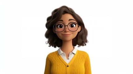 Customizable avatar of a unique personality virtual in a world. A cheerful young 3D cartoon woman with curly brown hair, glasses, and a yellow sweater over a white collared shirt, smiling warmly.