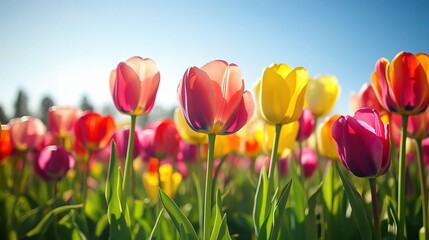 Vibrant Tulip Field Under Bright Blue Sky