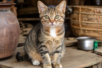 Obraz premium 猫が木の板の上で座っている、田舎の小屋の内部で陽の光を浴びる様子