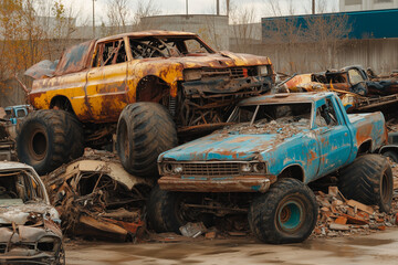 two monster trucks destroying old cars