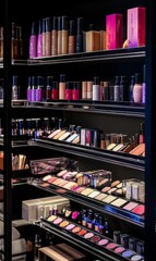 Makeup products displayed on shelves.