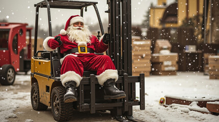 A man dressed as Santa Claus sitting on a forklift in the snow