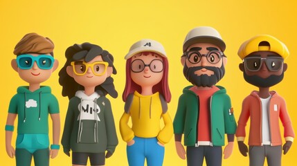 Naklejka premium Customizable avatar of unique personalities in a virtual world. Group of 3D cartoon characters in colorful hoodies 