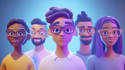 Customizable avatar of unique personalities in a virtual world. A diverse group of animated characters, each wearing glasses and smiling, standing together in vibrant purple and blue lighting.