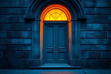 Blue door of an old building illuminated by warm orange light at night