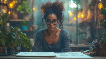 A creative professional working in an inspiring studio filled with art materials, sketches and tools