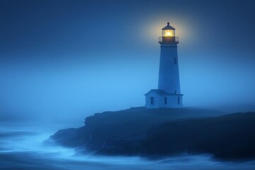 Obraz premium A lone lighthouse stands on a rocky shore, its beacon shining brightly in the foggy twilight.