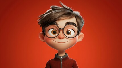 Customizable avatar of a unique personality virtual in a world. Animated boy with glasses and neatly styled hair, wearing a red jacket, smiling warmly against a red background.