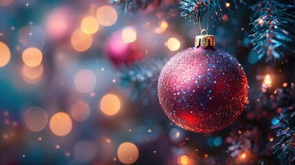 Fototapeta premium Beautiful Christmas background with fir branches and Christmas tree balls. Christmas background with glitter, garlands and bokeh. Christmas concept.