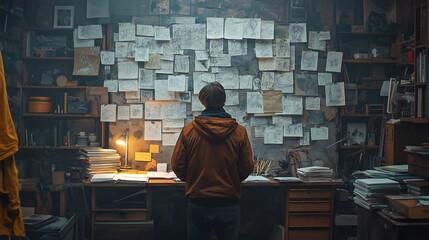 A creative professional working in an inspiring studio filled with art materials, sketches and tools